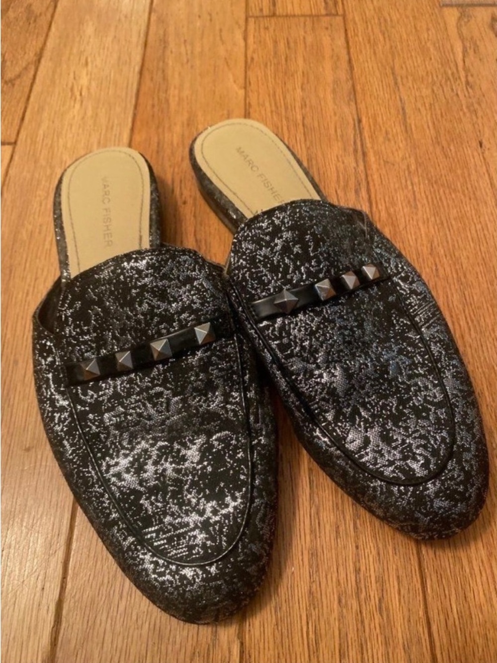 Marc Fisher, women's slip on silver/grey studded mules size 8